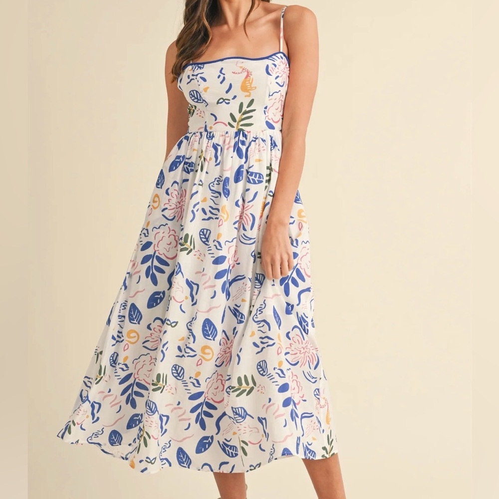 ✨NWT-  ANNIEWEAR Ivory/Blue Lola Leaf Printed Beachy Midi Dress size medium